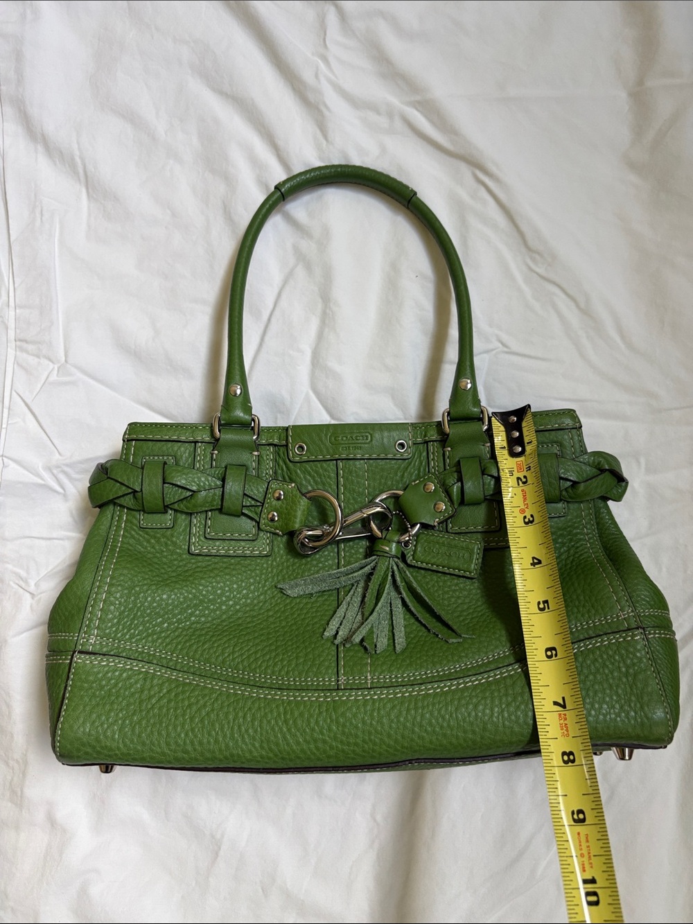 Coach Hamptons Green Pebbled Leather Braided Tassel Satchel F13084 - Picture 8 of 11